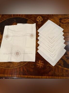 Tablecloth Embroidered 43” Square Vintage Linen w/lace openwork insets Cream
